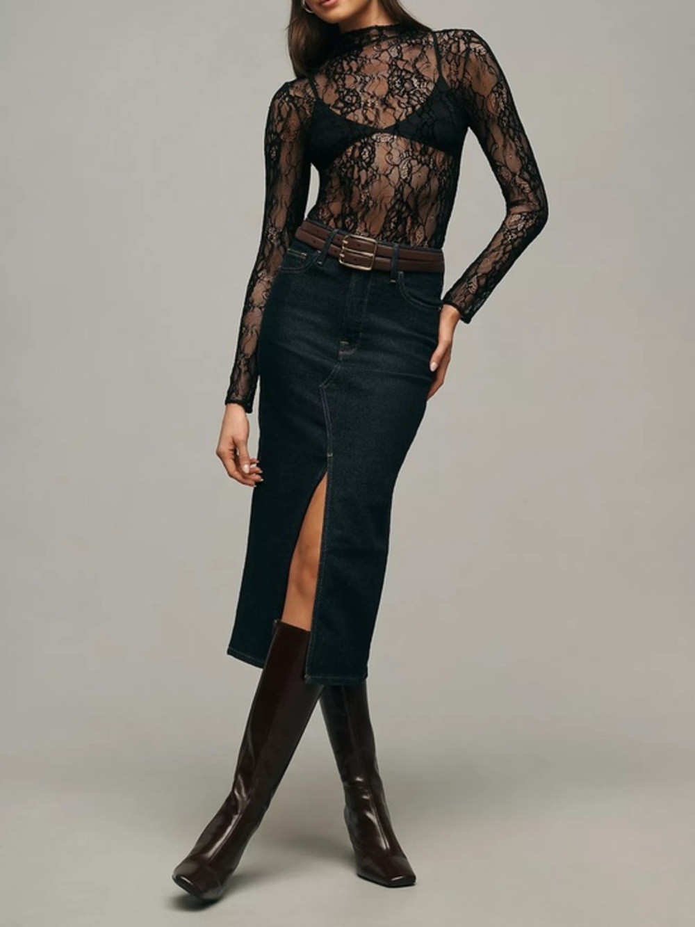 NWT good American dark denim slit front midi skirt